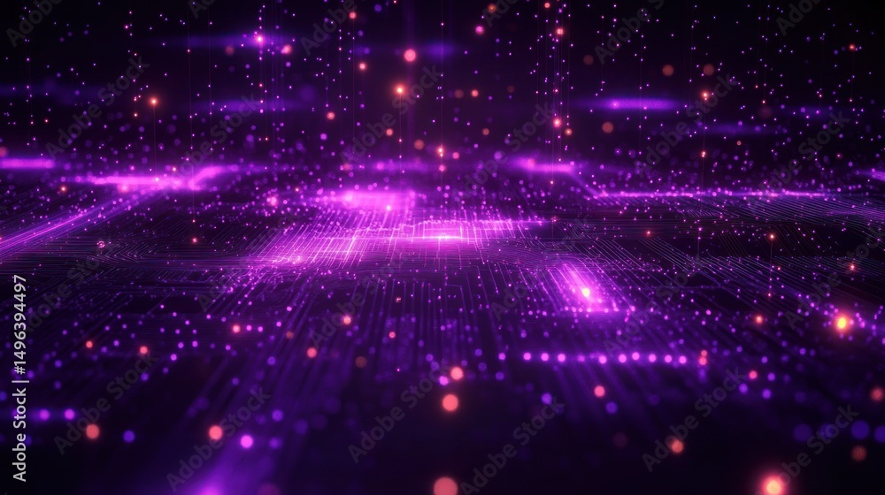 Poster glowing purple and orange digital circuit board with floating light particles creating a futuristic 