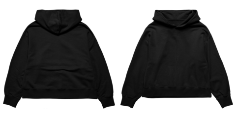 Front and back oversized black hoodie mockup for apparel, clothing, transparent background