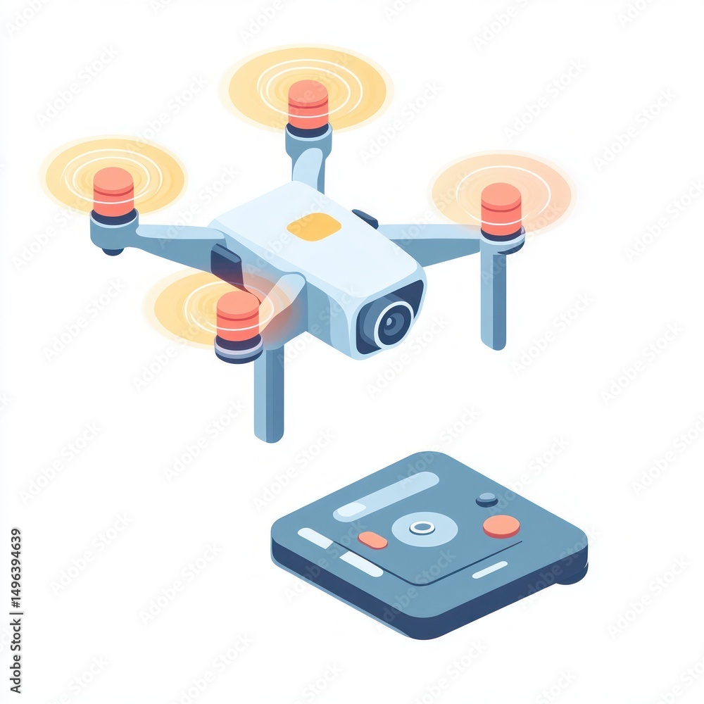 Poster compact quadcopter drone with four spinning propellers flying above a remote control with buttons an