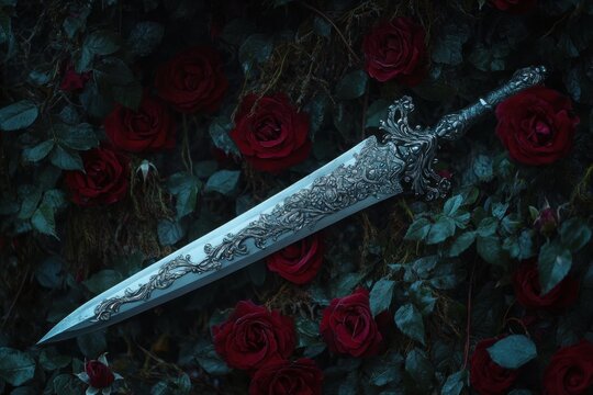 Silver dagger piercing thorny roses framed in a dark floral design with poison and gothic aesthetic elements