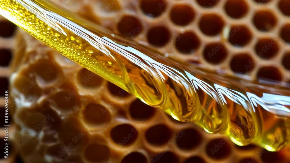 Poster golden honey dripping and flowing across a fresh honeycomb surface with dripping texture in a close-