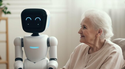 Smiling senior woman with robot companion indoors