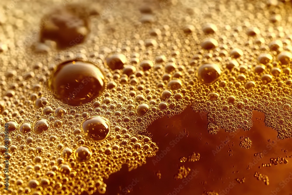 Poster close-up view of golden liquid surface covered with numerous small and a few large bubbles creating 