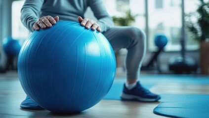 Naklejka premium Person holding a blue exercise ball on a wooden floor in a gym setting with workout mats and blurred gym equipment in the background, suggesting a calm and focused mood
