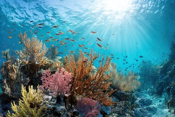 Obraz premium Vibrant underwater coral reef ecosystems with diverse marine life swimming in the crystal clear blue ocean showcase healthy biodiversity and climate change aware conservation efforts.