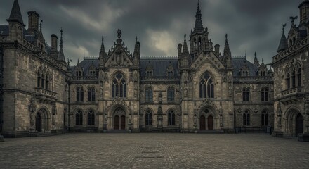 Gothic Palace under Overcast Sky: An imposing gothic palace, bathed in an atmosphere of foreboding, stands majestically, showcasing exquisite architectural details against a dramatic, overcast sky.