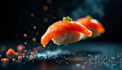 Delicious Salmon Sushi Nigiri Floating over Dark Background, Fresh Japanese Cuisine, Gourmet Food Photography