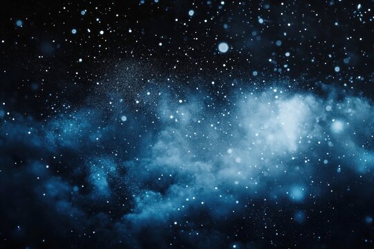 Abstract cosmic scene with blue nebula clouds and scattered bright star-like particles against a dark background evoking a sense of mystery and vastness