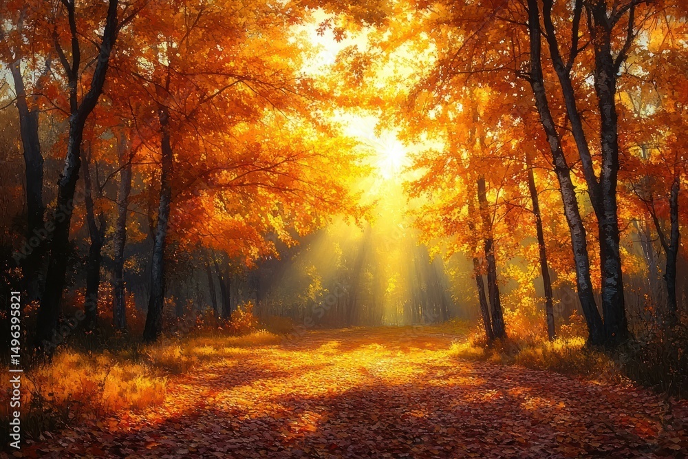 Poster sunlight filtering through dense orange and yellow autumn forest with a leafy path covered in fallen