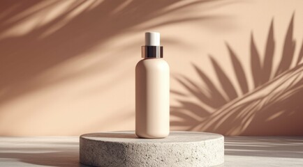 Cosmetic bottle on stone pedestal, with floral shadows background