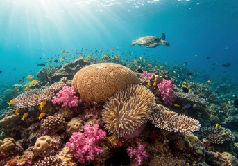 Obraz premium Underwater Paradise: A vibrant coral reef teems with life, where a graceful sea turtle swims, bathed in the radiant sunlight filtering down through the crystalline ocean.