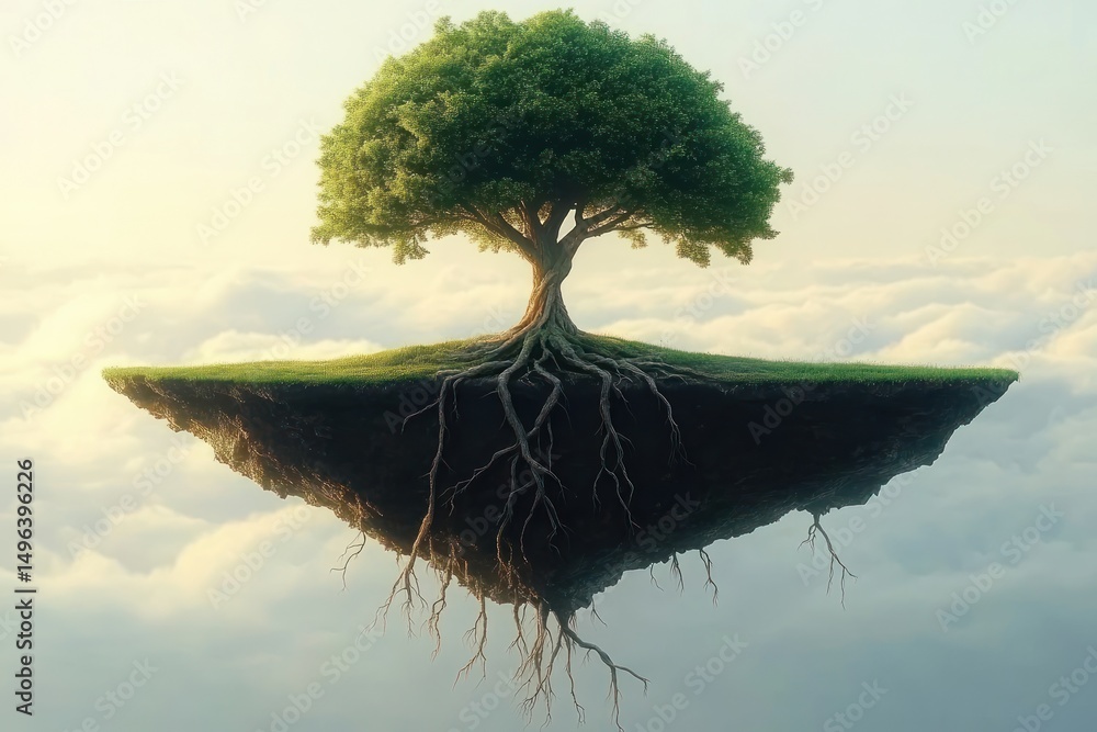 Poster large lush green tree with exposed roots on a floating island above the clouds during daylight