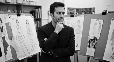 Creative Vision: A focused individual immersed in a creative studio, thoughtfully contemplating design concepts amidst mood boards, bringing ideas to life.