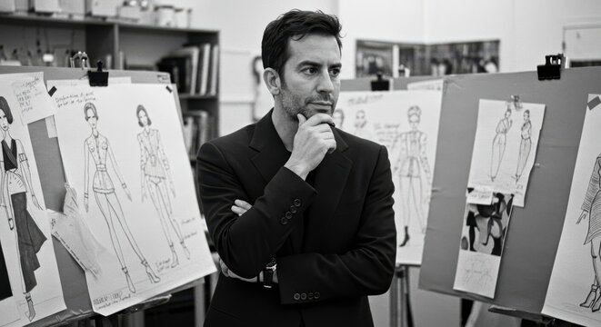 Creative Vision: A focused individual immersed in a creative studio, thoughtfully contemplating design concepts amidst mood boards, bringing ideas to life.