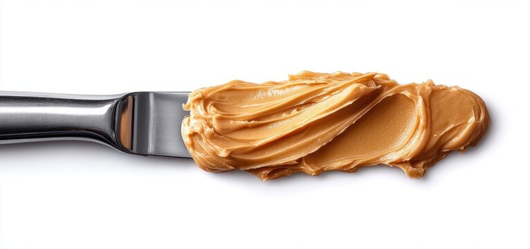 close-up of creamy peanut butter spread on a metal butter knife with smooth texture on white background
