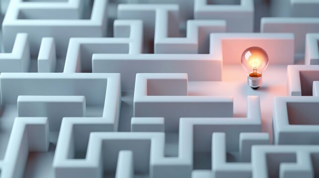 White maze with an illuminated light bulb placed in an open section symbolizing an idea or solution amidst complexity