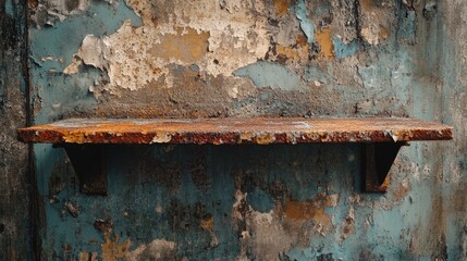 Rusty Metal Shelf Against a Weathered Blue Wall with Peeling Paint: Textured Industrial Backdrop