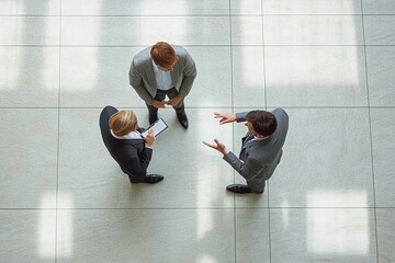 Three business people in formal suits engaged in a discussion while standing on a tiled floor with light and shadow patterns, viewed from above