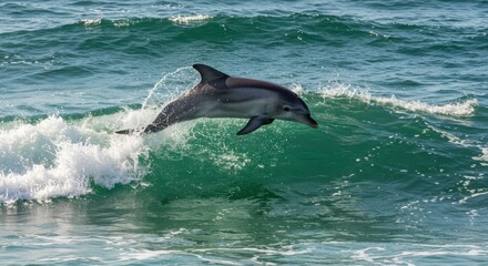 Naklejka premium Ocean Acrobatics: Witness the breathtaking leap of a dolphin as it elegantly breaches the surface of the cerulean ocean, embodying freedom and marine grace.