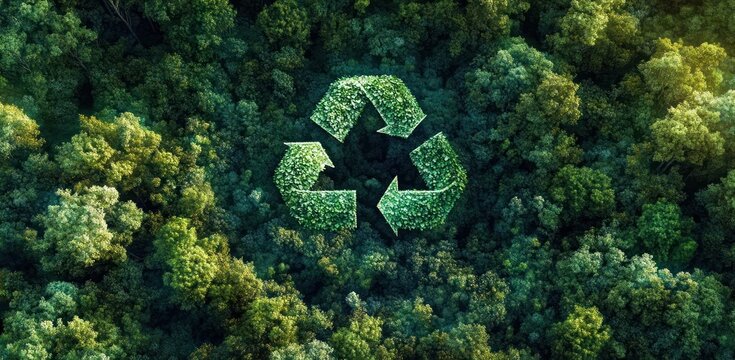 A dense green forest with a recycling symbol formed by foliage in the center conveying environmental awareness and the importance of nature conservation
