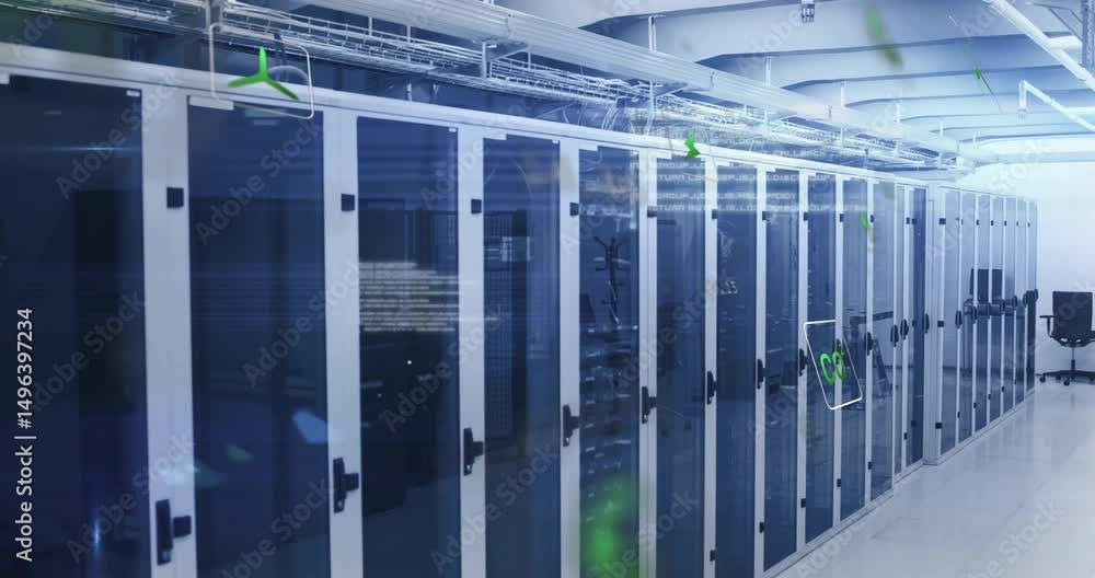 Poster camera panning across server racks while green arrows floating and code sliding showing data flow