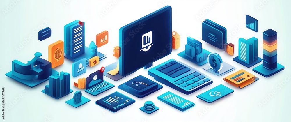 Poster isometric digital workspace with a variety of technology and finance-related icons and devices inclu