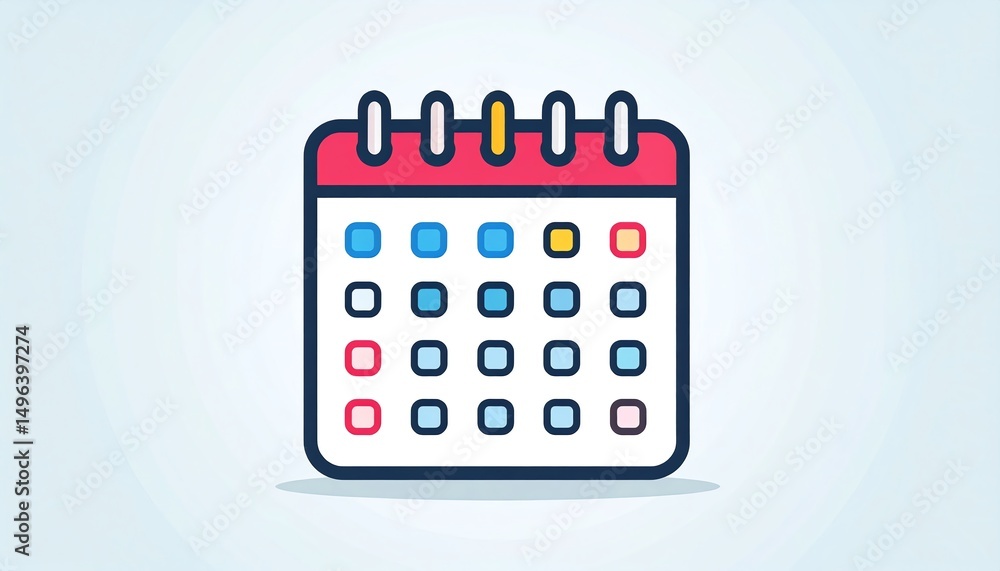 Poster a colorful calendar illustration featuring a grid layout with various colored squares representing d