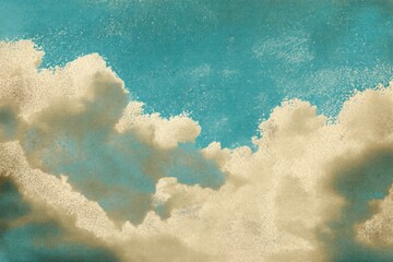 Textured painting of a blue sky with large fluffy beige clouds creating a calm and dreamy atmosphere