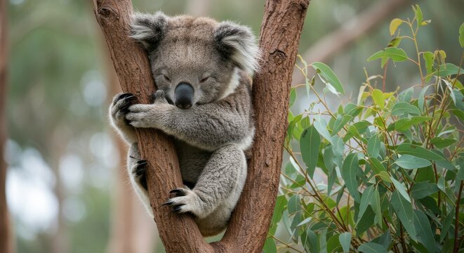 Koala's Serene Slumber: An endearing koala snuggles peacefully amidst the rustic embrace of a tree branch, evoking feelings of tranquility and contentment.
