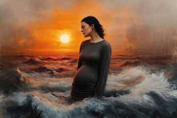 Obraz premium Pregnant woman standing calmly in turbulent ocean waves with a glowing sunset in the background, expressing serenity and strength amidst a dramatic seascape