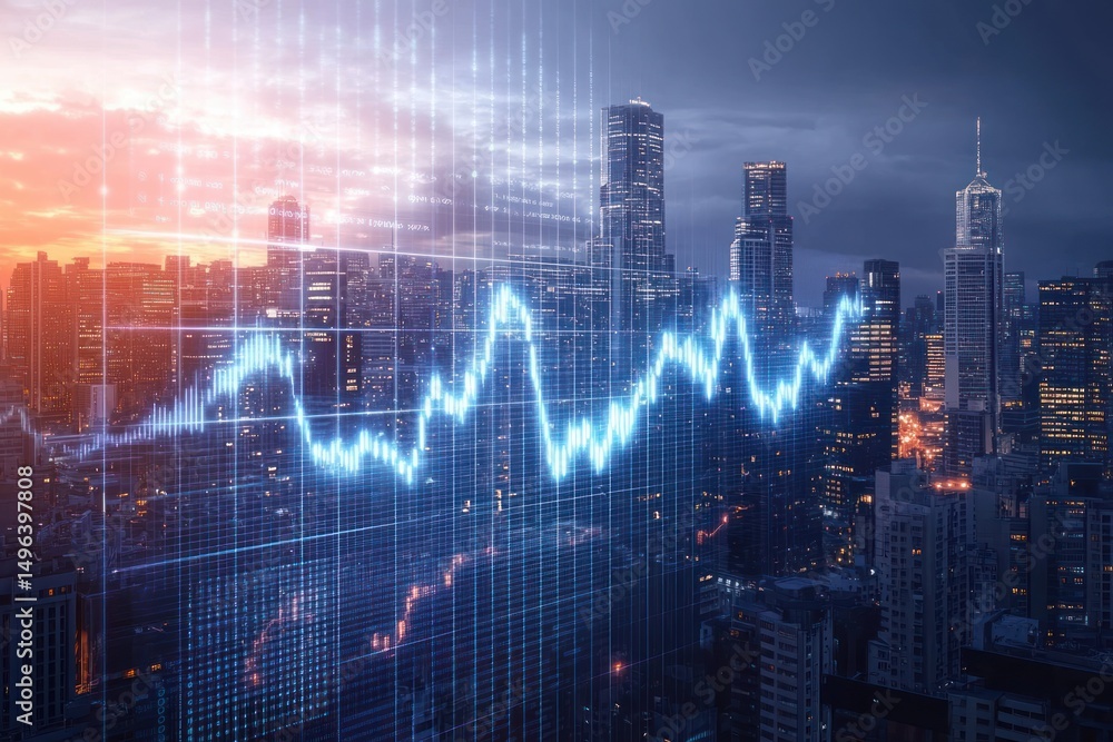 Poster digital stock market graph overlayed on city skyline at dusk with illuminated skyscrapers and dynami