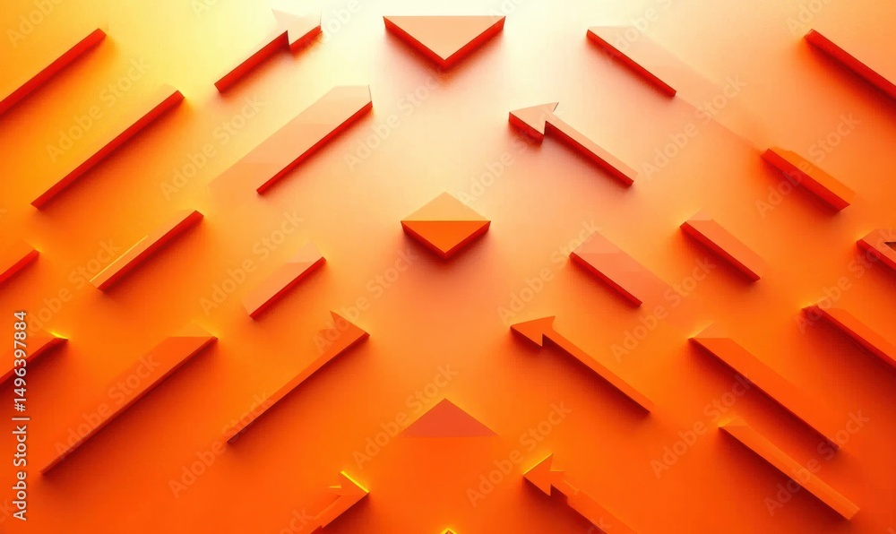 Aufkleber three-dimensional orange arrows arranged in a pattern on an orange background pointing in various di