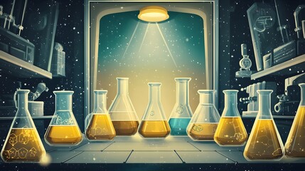 A detailed illustration of laboratory glassware filled with various liquids.