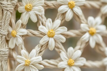 Fototapeta premium Daisy chain made of tiny flowers connected by handwoven twine in a rustic frame with a natural and delicate look