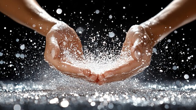 Hands Holding Glitter Particles with Black Background
