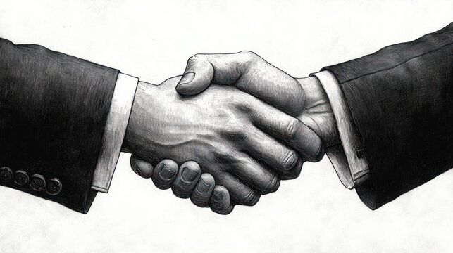 Detailed black and white sketch of two hands shaking in a formal business handshake, both wearing suit jackets and dress shirts, symbolizing agreement and partnership