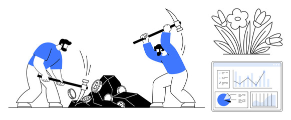 Workers using tools to break materials, flowers symbolizing growth, and an analytics dashboard promoting data insight. Ideal for teamwork, productivity, growth, analysis, effort, balance simple