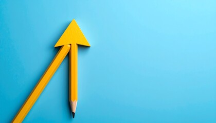 A minimalistic image featuring two yellow pencils arranged to form an upward arrow on a blue background, symbolizing growth or progress