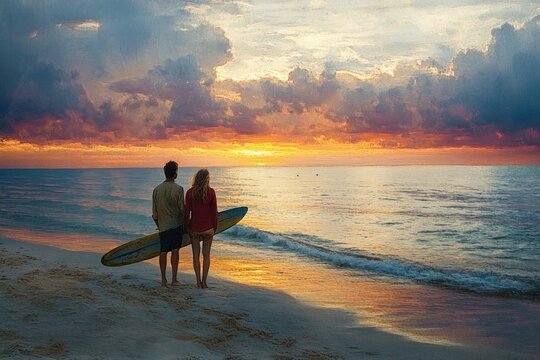 A couple stands on the beach holding a surfboard, watching a vibrant sunset over the calm ocean with colorful clouds and gentle waves
