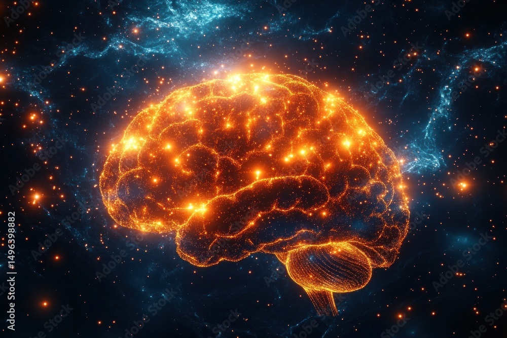 Aufkleber glowing digital brain composed of interconnected bright orange nodes and lines floating in a dark co