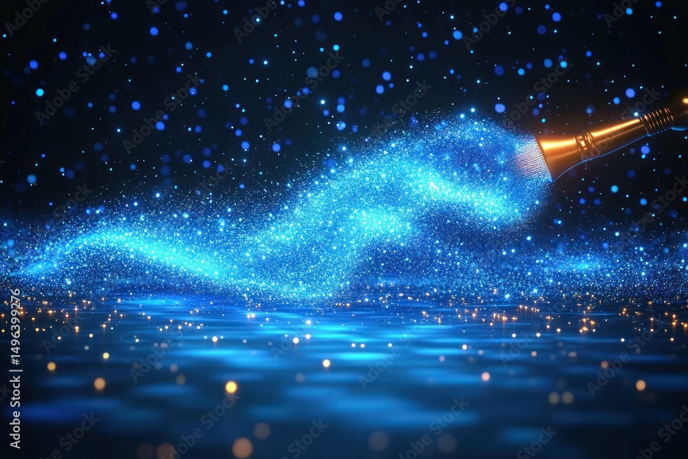 Poster microphone emitting a stream of glowing blue particles forming a dynamic wave shape in a dark space 