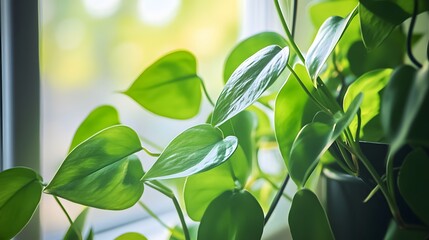 Lush heart-shaped leaves of a houseplant by a window.
