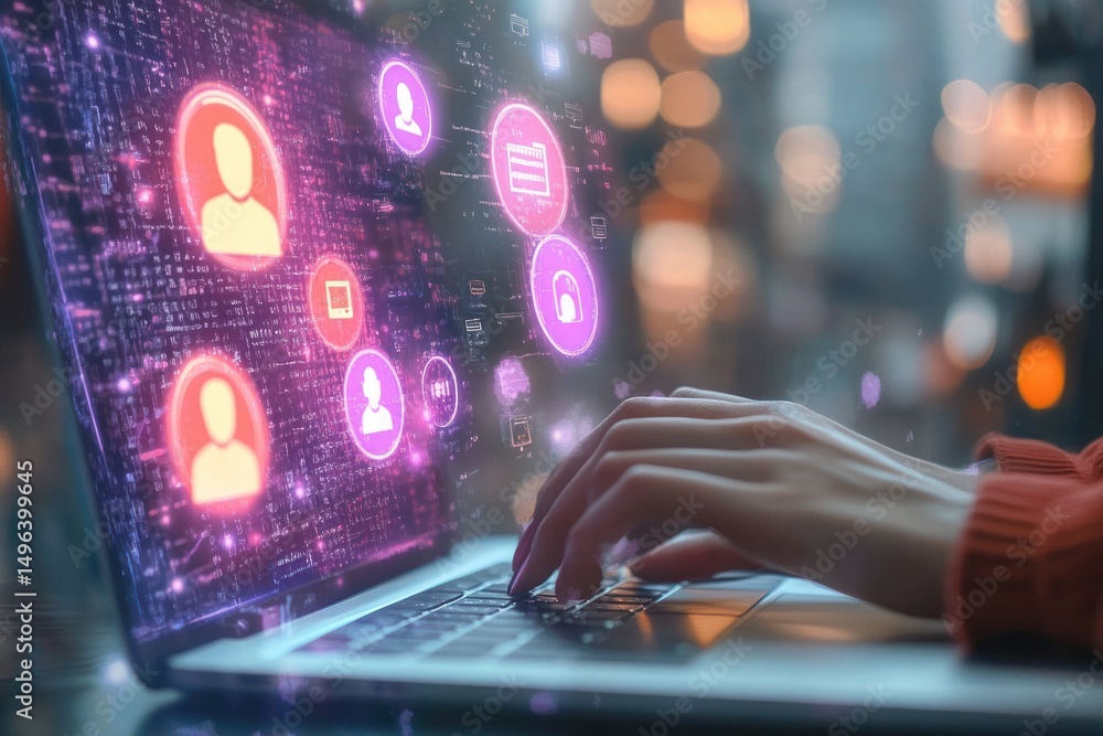 Poster hands typing on a laptop keyboard with glowing digital icons representing user profiles and technolo