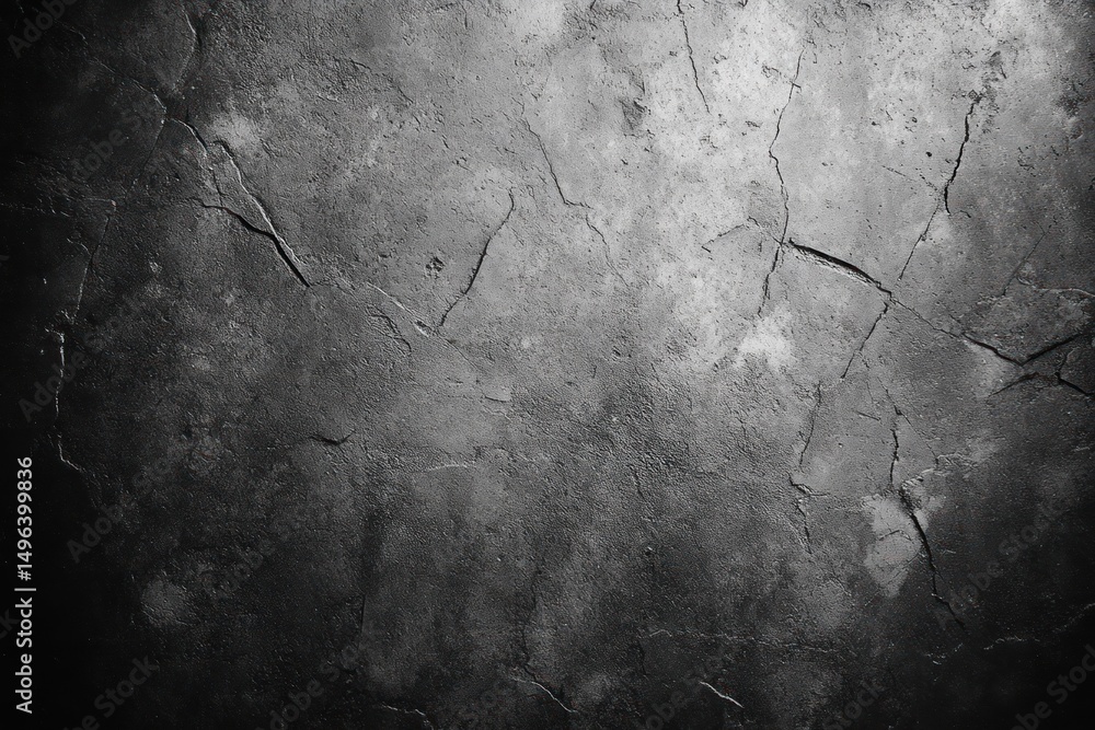 Poster grayscale close-up of a cracked and weathered concrete or plaster surface with textured roughness an