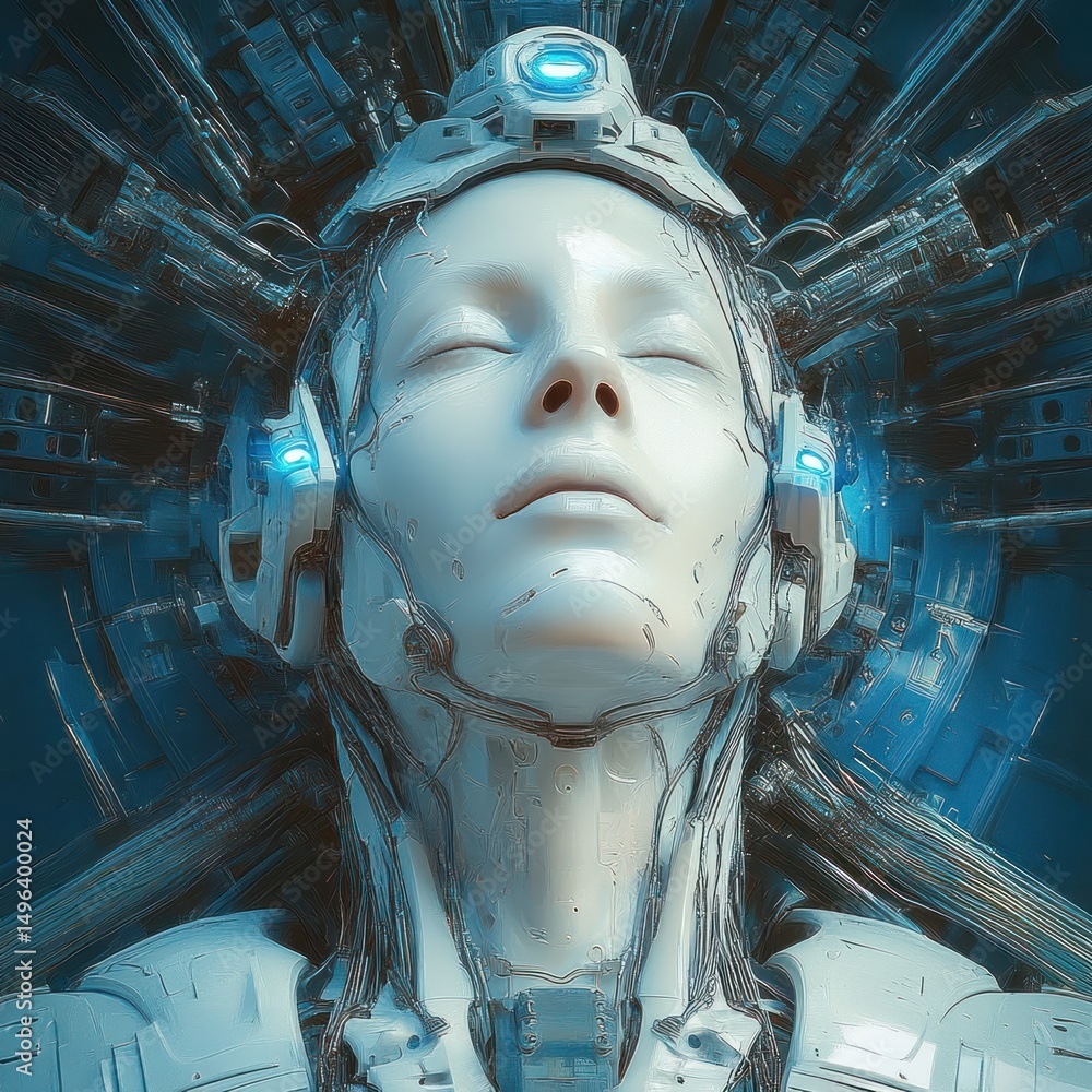 Poster close-up of a serene futuristic humanoid robot with closed eyes and illuminated blue lights, embedde