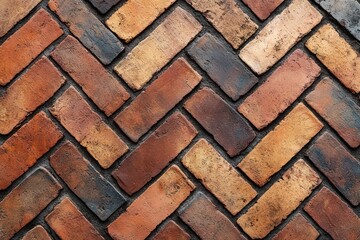 close-up of a textured brick wall with various shades of red, orange, brown, and black arranged in a herringbone pattern
