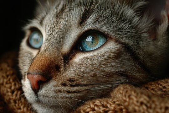 Close-up of a grey tabby cat with green eyes lying on a cozy brown blanket