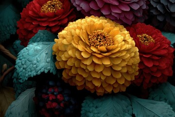 Close-up of multicolored dahlias in a lush floral arrangement