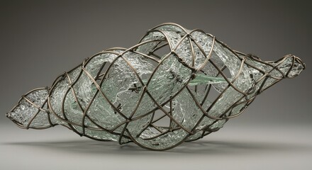 Cracked Glass Sculpture: A captivating artistic representation with intricately woven metal surrounding fractured glass. The juxtaposition of strength and fragility creates a unique visual experience.