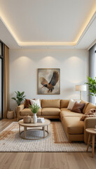 Cozy living room features stylish sofa, artwork, and plants, creating warm atmosphere